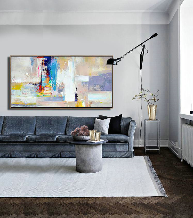 Large Abstract Art Handmade Oil Painting,Horizontal Palette Knife Contemporary Art Panoramic Canvas Painting,Big Wall Art For Living Room,Grey,White,Blue,Purple.etc
